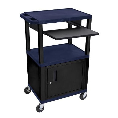 H. Wilson 42" High Tuffy Utility A/V Cart with Cabinet and Pullout Shelf (3-Shelf Black Legs)