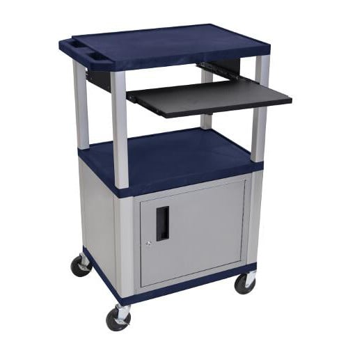 H. Wilson 42" High Tuffy Utility A/V Cart with Cabinet and Pullout Shelf (3-Shelf Nickel Legs)