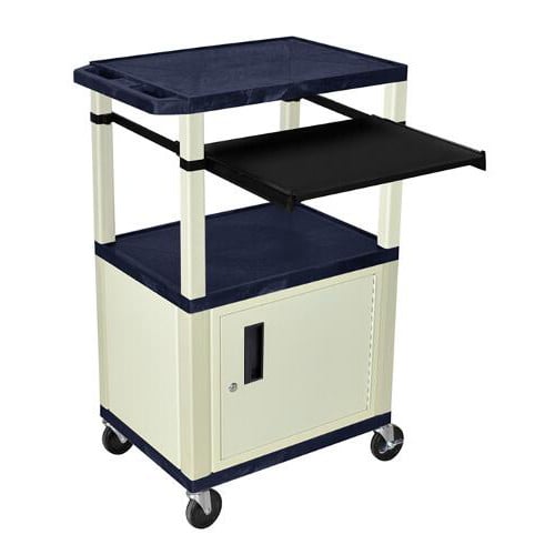 H. Wilson 42" High Navy Blue Tuffy Utility A/V Cart with Cabinet and Pullout Shelf (3-Shelf Putty Legs)