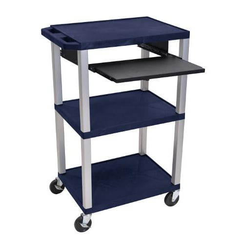 H. Wilson 42" High Navy Blue Tuffy Utility A/V Cart with Pullout Shelf (3-Shelf Nickel Legs)
