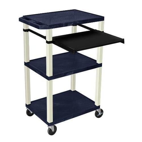 H. Wilson 42" High Navy Blue Tuffy Utility A/V Cart with Pullout Shelf (3-Shelf Putty Legs)