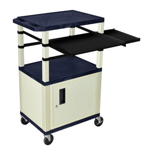 H. Wilson 42" High Navy Tuffy Utility A/V Cart with Side & Front Pull-out Shelf and Cabinet (3-Shelf Putty Legs)