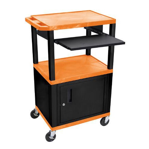 H. Wilson 42" High Tuffy Utility A/V Cart with Cabinet and Pullout Shelf (3-Shelf Black Legs)