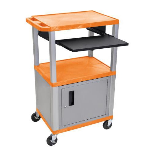 H. Wilson 42" High Tuffy Utility A/V Cart with Cabinet and Pullout Shelf (3-Shelf Nickel Legs)