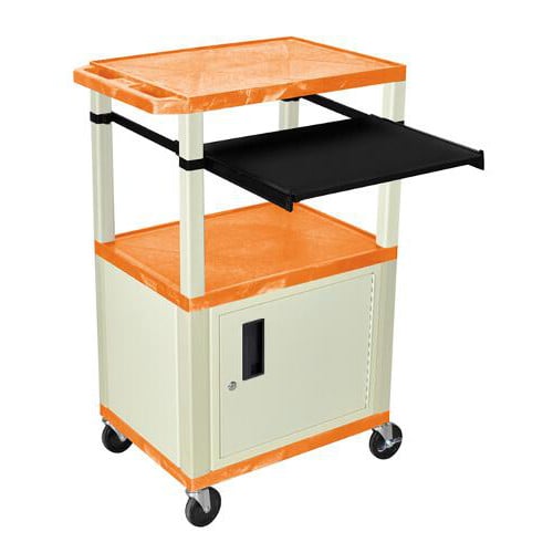 H. Wilson 42" High Orange Tuffy Utility A/V Cart with Cabinet and Pullout Shelf (3-Shelf Putty Legs)