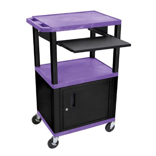 H. Wilson 42" High Purple Tuffy Utility A/V Cart with Cabinet and Pullout Shelf (3-Shelf Black Legs)