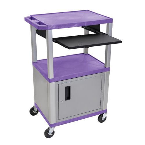 H. Wilson 42" High Purple Tuffy Utility A/V Cart with Cabinet and Pullout Shelf (3-Shelf Nickel Legs)