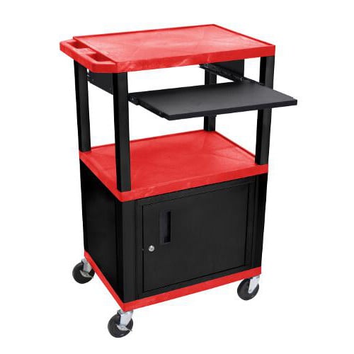 H. Wilson 42" High Tuffy Utility A/V Cart with Cabinet and Pullout Shelf (3-Shelf Black Legs)