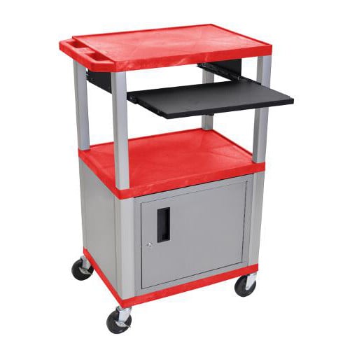 H. Wilson 42" High Tuffy Utility A/V Cart with Cabinet and Pullout Shelf (3-Shelf Nickel Legs)