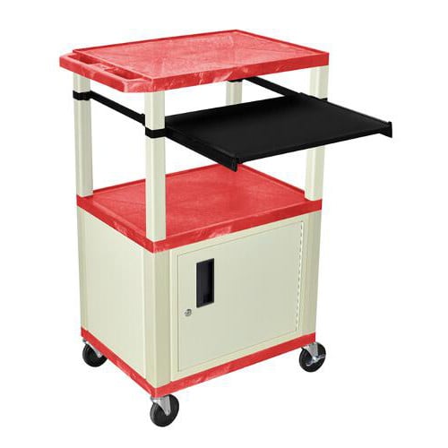 H. Wilson 42" High Red Tuffy Utility A/V Cart with Cabinet and Pullout Shelf (3-Shelf Putty Legs)
