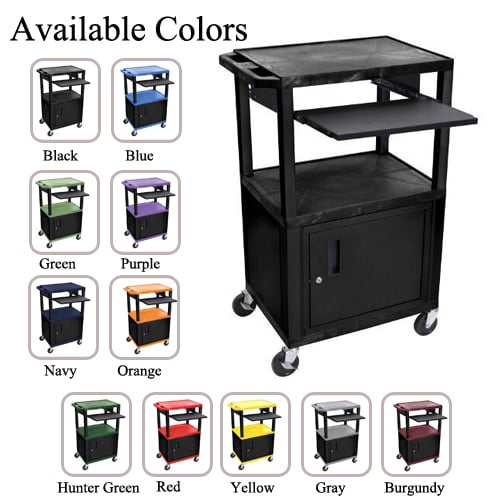 H. Wilson 42" High Tuffy Utility A/V Cart with Cabinet and Pullout Shelf (3-Shelf Black Legs)