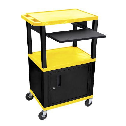 H. Wilson 42" High Yellow Tuffy Utility A/V Cart with Cabinet and Pullout Shelf (3-Shelf Black Legs)