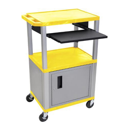H. Wilson 42" High Tuffy Utility A/V Cart with Cabinet and Pullout Shelf (3-Shelf Nickel Legs)