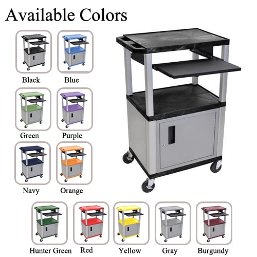 H. Wilson 42" High Tuffy Utility A/V Cart with Cabinet and Pullout Shelf (3-Shelf Nickel Legs)