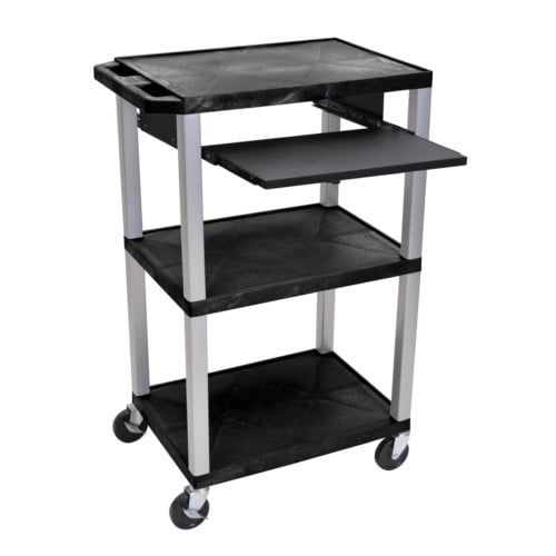 H. Wilson Tuffy Black 42" High 3-Shelf A/V Utility Cart w/ Pullout Shelf (No Outlet / Nickel Legs)