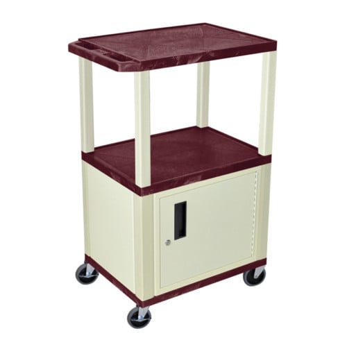H. Wilson Tuffy WT42BYC3E Burgundy 42" High Tuffy Utility A/V Cart with Cabinet (3-Shelf Putty Legs)