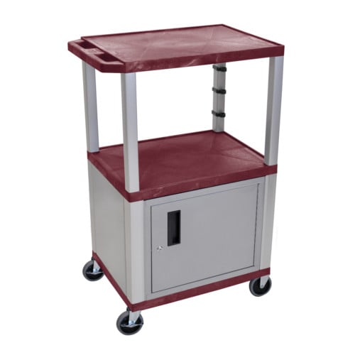 H. Wilson Tuffy WT42BYC4E-N Burgundy 42" High Tuffy Utility A/V Cart with Cabinet (3-Shelf Nickel Legs)