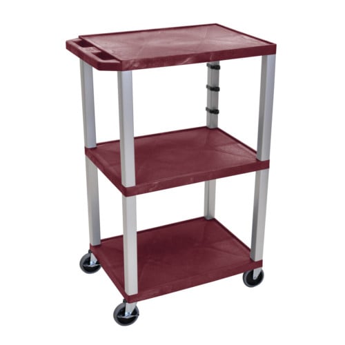 H. Wilson Tuffy WT42BYE-N Burgundy 42" High Tuffy Utility A/V Cart (3-Shelf Nickel Legs)