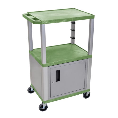 H. Wilson Tuffy WT42GC4E-N Green 42" High Tuffy Utility A/V Cart with Cabinet (3-Shelf Nickel Legs)