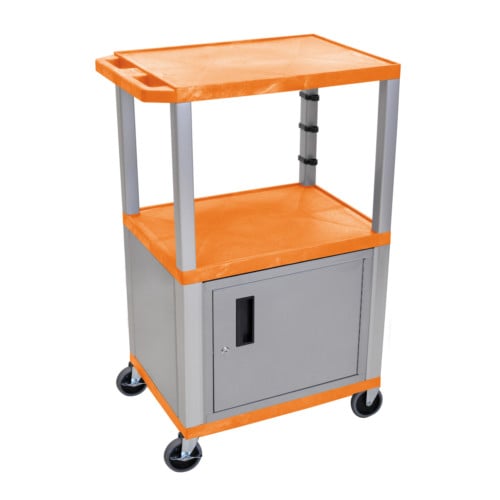 H. Wilson Tuffy WT42ORC4E-N Orange 42" High Tuffy Utility A/V Cart with Cabinet (3-Shelf Nickel Legs)