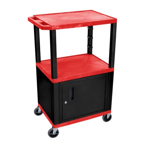 H. Wilson Tuffy WT42RC2E-B Red 42" High Tuffy Utility A/V Cart with Cabinet (3-Shelf Black Legs)