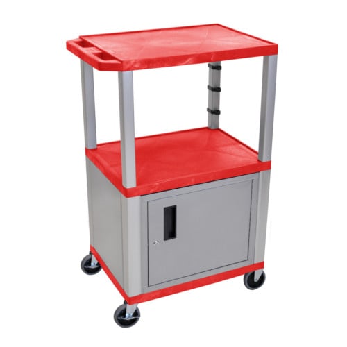 H. Wilson Tuffy WT42RC4E-N Red 42" High Tuffy Utility A/V Cart with Cabinet (3-Shelf Nickel Legs)