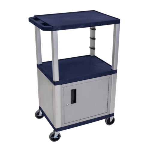 H. Wilson Tuffy WT42ZC4E-N Navy Blue 42" High Tuffy Utility A/V Cart with Cabinet (3-Shelf Nickel Legs)