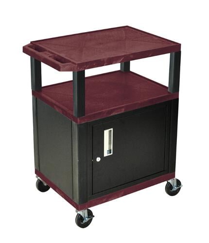 H. Wilson WT34BYC2E-B Burgundy 34" High Tuffy Utility A/V Cart with Cabinet (3-Shelf Black Legs)