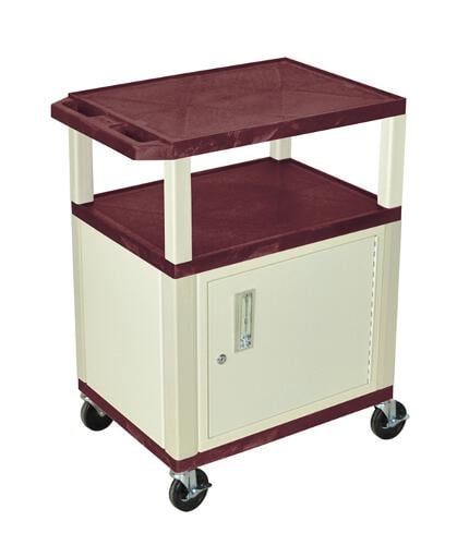 H. Wilson WT34BYC3E Burgundy 34" High Tuffy Utility A/V Cart with Cabinet (3-Shelf Putty Legs)