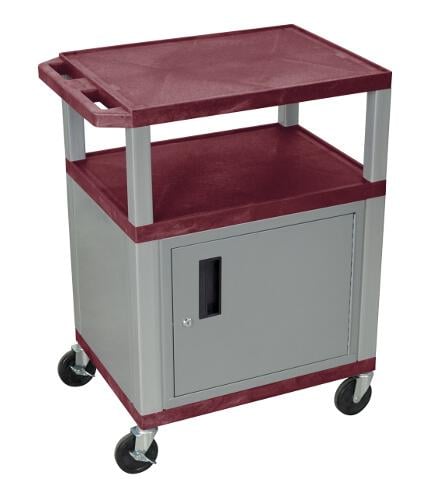 H. Wilson WT34BYC4E-N Burgundy 34" High Tuffy Utility A/V Cart with Cabinet (3-Shelf Nickel Legs)