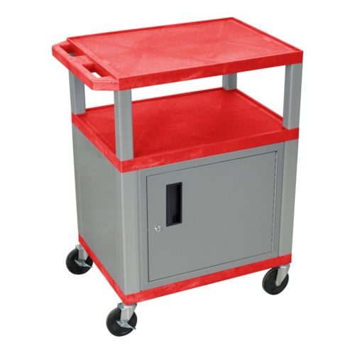 H. Wilson WT34RC4E-N Red 34" High Tuffy Utility A/V Cart with Cabinet (3-Shelf Nickel Legs)