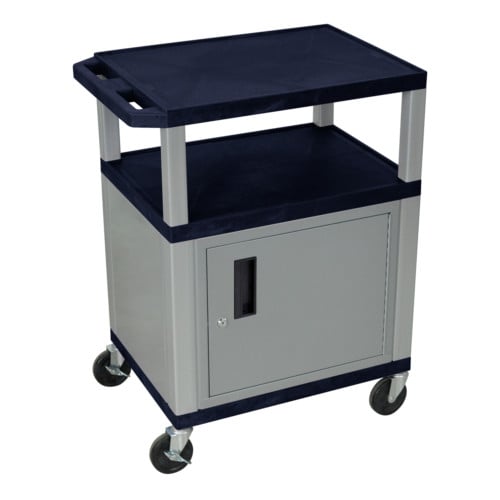 H. Wilson 34" High Tuffy Utility A/V Cart with Cabinet (3-Shelf Nickel Legs)