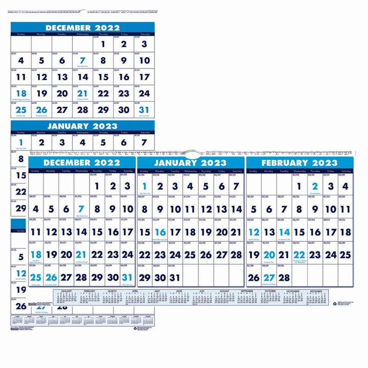 House of Doolittle Three-Month 12.25" x 27" Vertical Page Layout Wall Calendar (Dec 2022-Jan 2024)