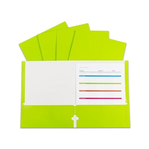 Lime Green Laminated Paper Two-Pocket Folders with 3-Hole Punch - 25pk