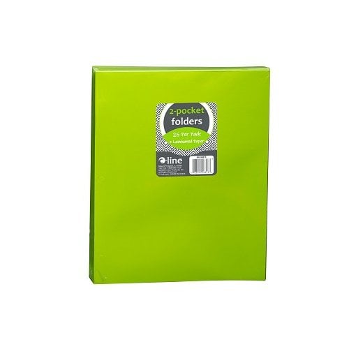 Lime Green Laminated Paper Two-Pocket Folders with 3-Hole Punch - 25pk
