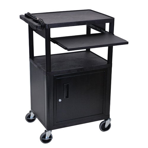 Luxor Endura 42" High Black 3-Shelf A/V Utility Cart with Cabinet and Front Pullout Shelf