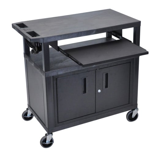 Luxor 34" High Black 3-Flat Shelf Presentation Station with Pullout Shelf and Cabinet