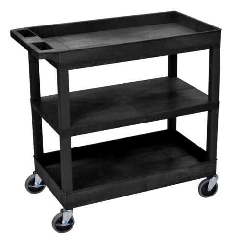 Luxor EC121-B 32" x 18" Black 2-Tub/1-Flat Middle Shelf Utility Cart