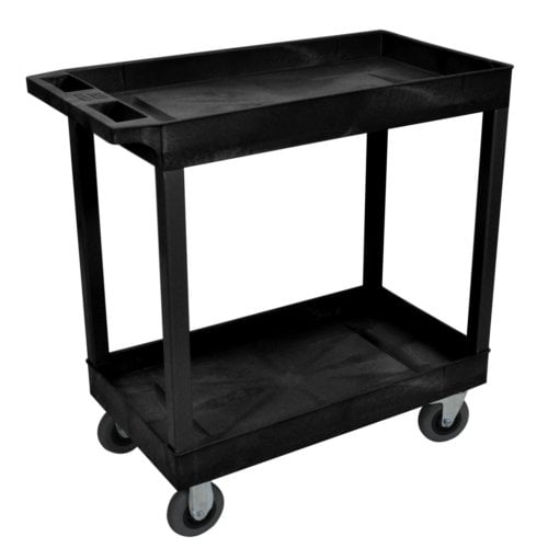 Luxor EC11SP5-B 32" x 18" Black 2-Tub Shelf Utility Cart w/ Semi-Pneumatic Casters