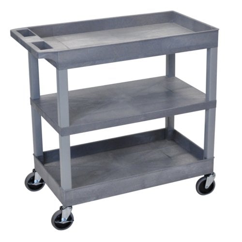 Luxor EC121-G 32" x 18" Gray 2-Tub/1-Flat Middle Shelf Utility Cart