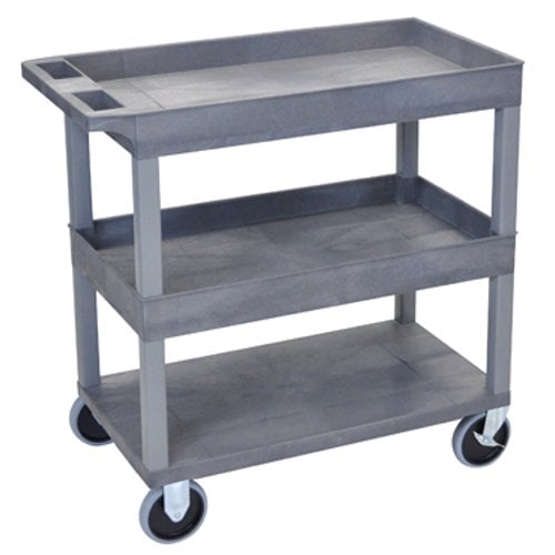 Luxor EC112HD-G 32" x 18" High Capacity Gray 2-Tub/1-Flat Bottom Shelf Utility Cart