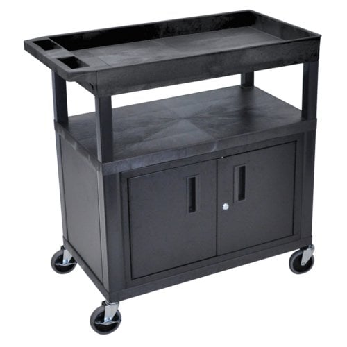 Luxor EC122C-B 32" x 18" Black 2-Flat/1-Tub Top Shelf Utility Cart with Cabinet