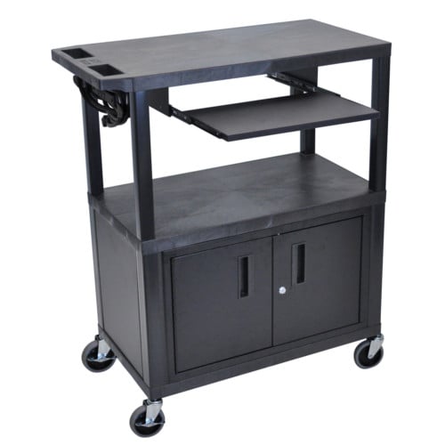 Luxor 42" High Black 3-Flat Shelf Presentation Station with Cabinet and Pullout Shelf
