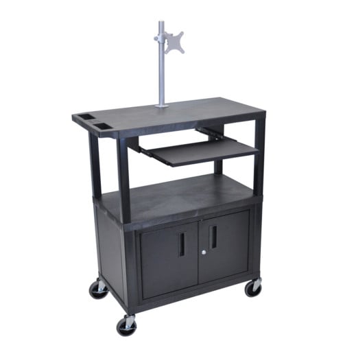 Luxor 42" High Black 3-Flat Shelf Presentation Station with Cabinet,Pullout Shelf and LCD Mount