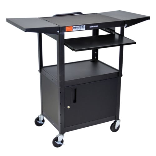 Luxor Adjustable Height Black Steel A/V Cart with Pullout Keyboard Tray,Cabinet and 2 Drop Leaf Shelves