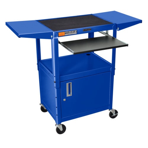Luxor Adjustable Height Blue Steel A/V Cart with Pullout Keyboard Tray,Cabinet and 2 Drop Leaf Shelves