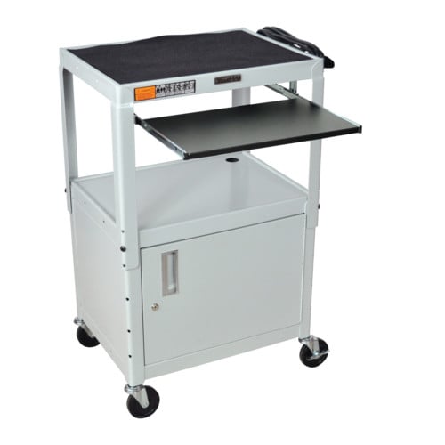 Luxor Adjustable Height Gray Steel A/V Cart with Pullout Keyboard Tray and Cabinet