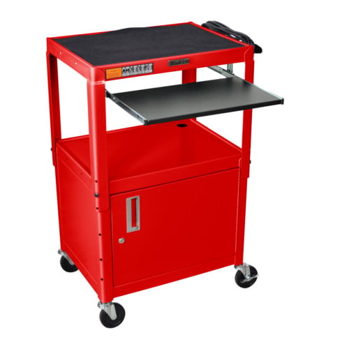 Luxor Adjustable Height Red Steel A/V Cart with Pullout Keyboard Tray and Cabinet