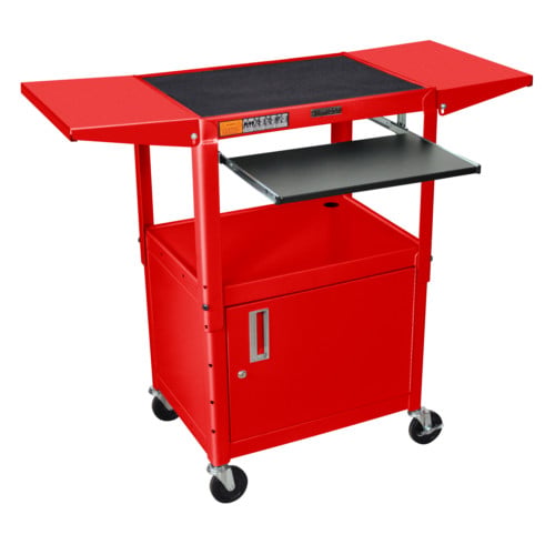 Luxor Adjustable Height Red Steel A/V Cart with Pullout Keyboard Tray,Cabinet and 2 Drop Leaf Shelves