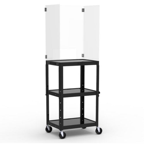 Luxor Adjustable-Height Steel Media Cart with Acrylic Sneeze Guard